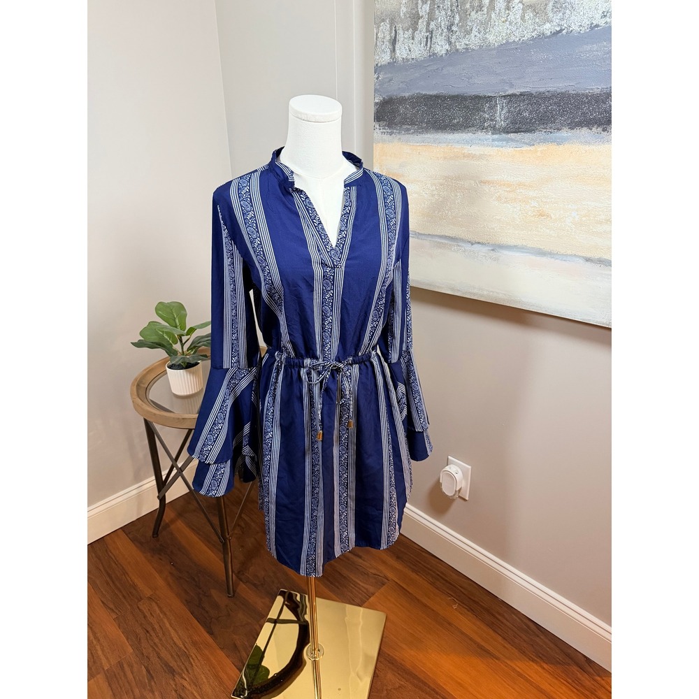 Mint‎ Blush Navy Blue White Striped Paisley Bell Sleeve Mini Dress Womens Large